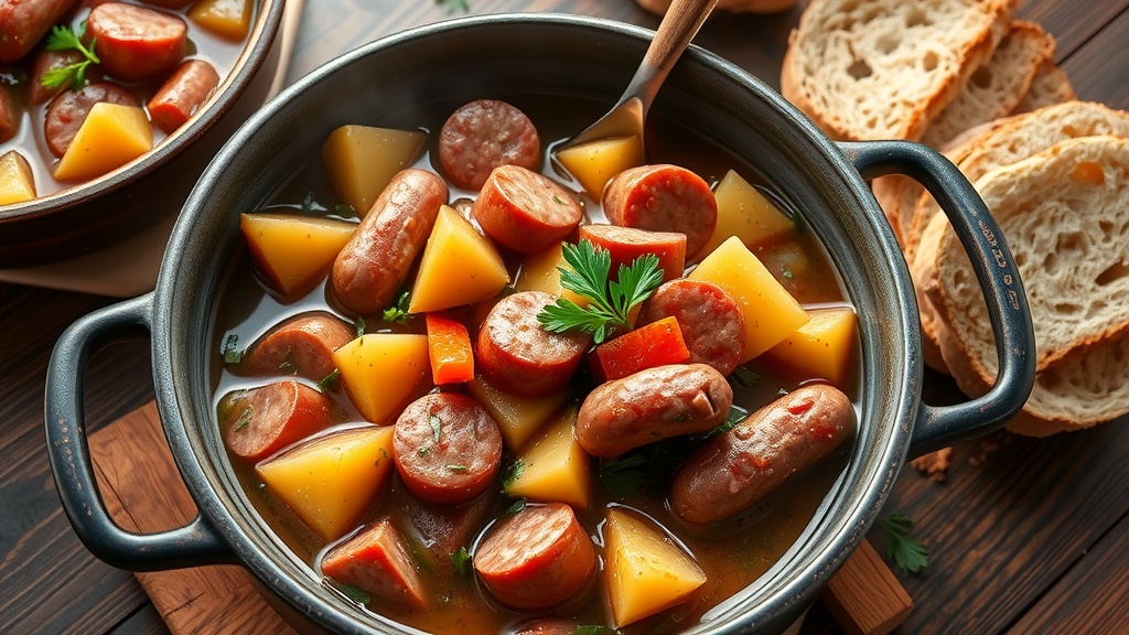 Hearty Sausage Stew Recipe A flavorful sausage stew with potatoes and carrots in a rich broth, garnished with parsley, served in rustic bowls with bread on the side.
